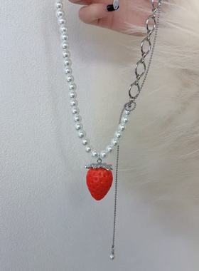 甜美可爱珍珠红色草莓项链女轻奢小众高级感吊坠锁骨链颈链气质潮