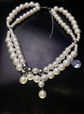 新款复古闪锆双层珍珠choker项链女轻奢气质锁骨链高级感颈链