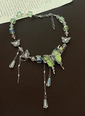 新中式镶钻绿色蝴蝶陶瓷水滴项链小众设计感气质百搭锁骨链时尚风
