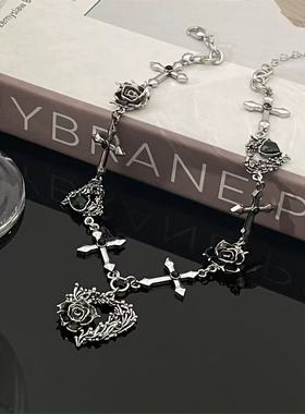 暗黑辣妹复古黑色山茶花项链女高级设计玫瑰气质法式choker锁骨链