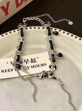 暗黑朋克滴油蛇黑色串珠拼接流苏水滴项链潮辣妹小众设计毛衣链