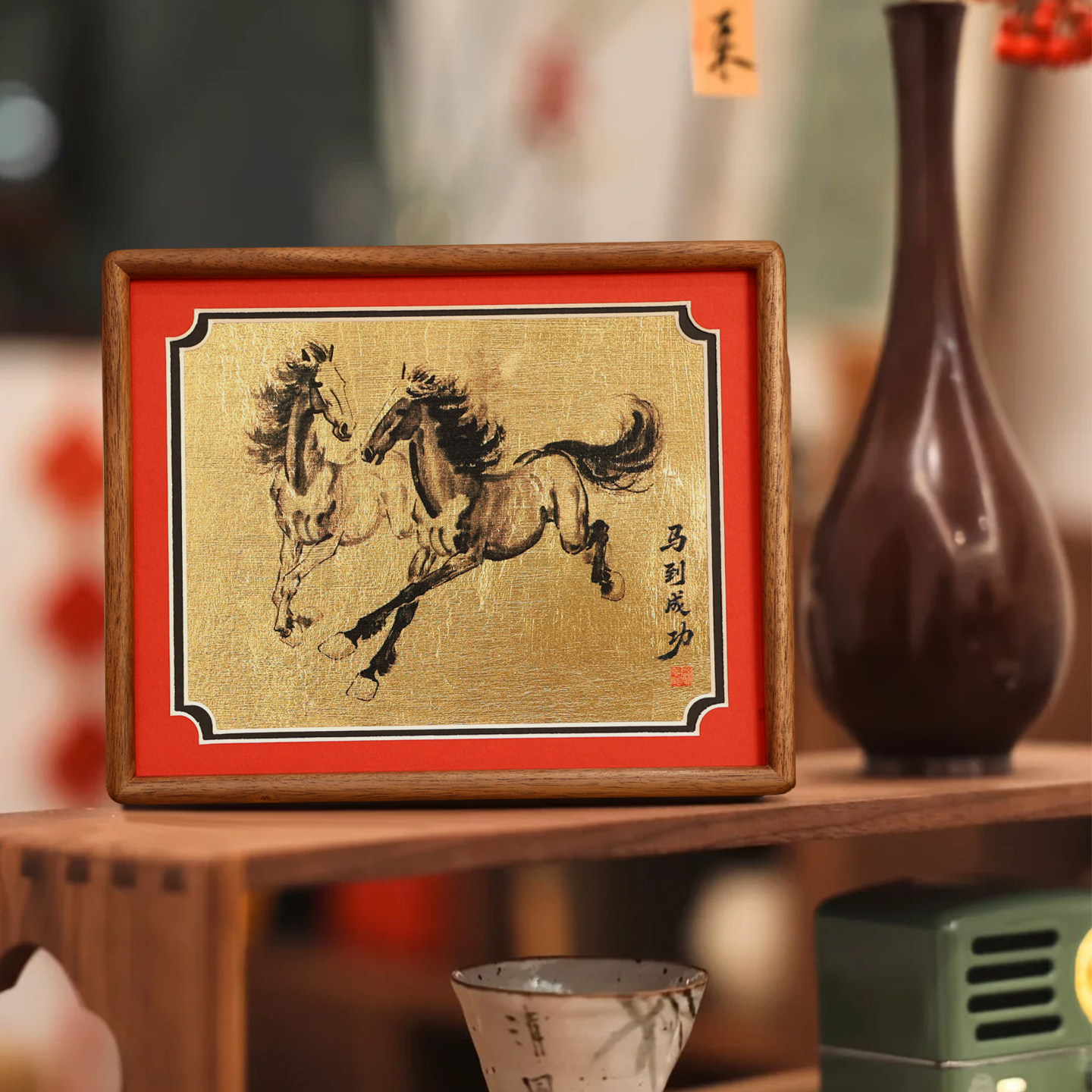 中式金箔画复古马到成功玄关摆台画办公室新年送礼桌面定制装饰画,淘宝优惠券,粉丝福利购,淘宝优惠卷