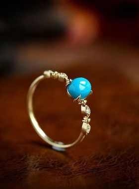 镀18K金镶嵌人工仿绿松石戒指女士精致小巧高级感时尚百搭可调节