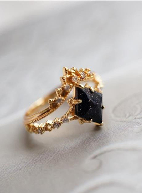 蓝砂石皇冠戒指丝S925银2件套