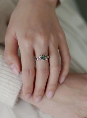 S925银绿苔藓石水草玛瑙开口戒指