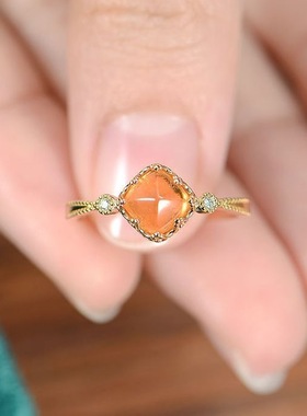 【方糖橙】方糖塔芬达石镶嵌钻石戒指女镀18K金宫廷复古小众港风