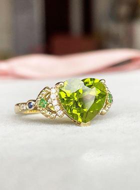 满火彩心形橄榄石戒指女镶嵌镀S925银甜美潮流高级气质可调节指环