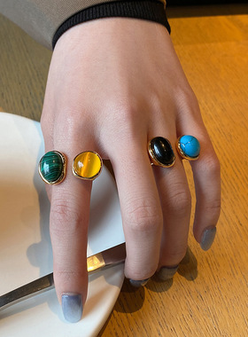 孔雀石猫眼石撞色戒指绿松石女款