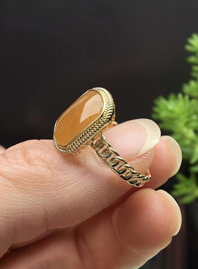 天然玉髓油润黄玉围边链条戒指