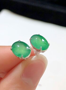 老坑玉髓高冰种冰绿蛋面耳钉复古