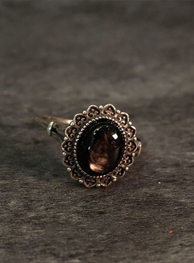 【黑太阳】古埃及星光猫眼石戒指女镀S925银镶嵌复古优雅百搭指环