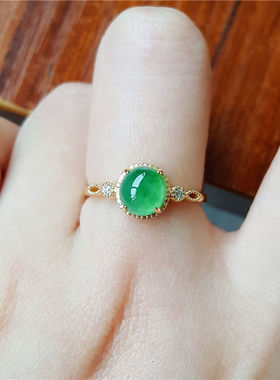 天然冰种飘花阳绿蛋面戒指镀S925