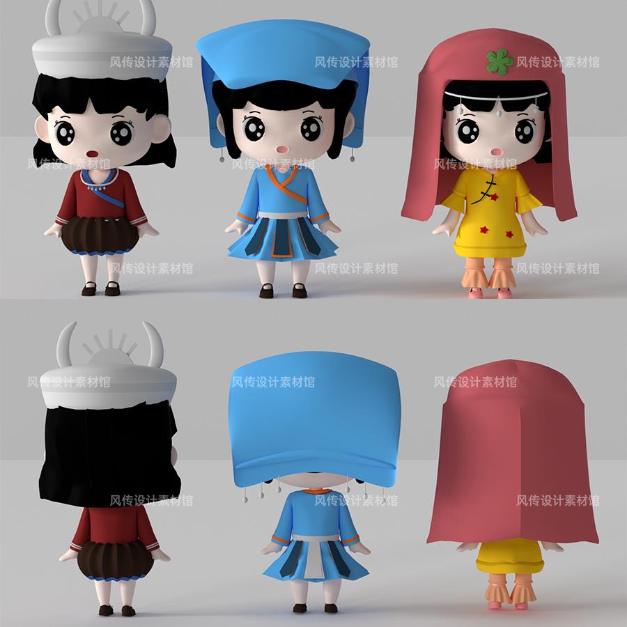 卡通人物角色少数民族女孩C4D模型头饰服饰裙子3D角色IP模型obj - 图0