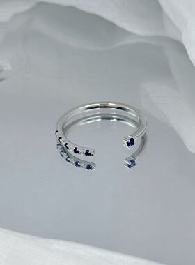 S925纯银深蓝钻开口戒指女 小众设计感精致指环 温柔风叠戴食指戒