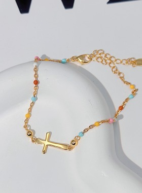 S925纯银镀金彩色十字架手链