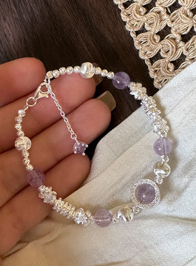 纯银手链新款简约s925银紫水晶猫眼盘缠碎银子银手串可调节银手饰