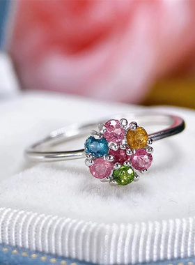 碧玺纯银戒指镶嵌天然碧玺纯银女款戒指青春简约活口爆款