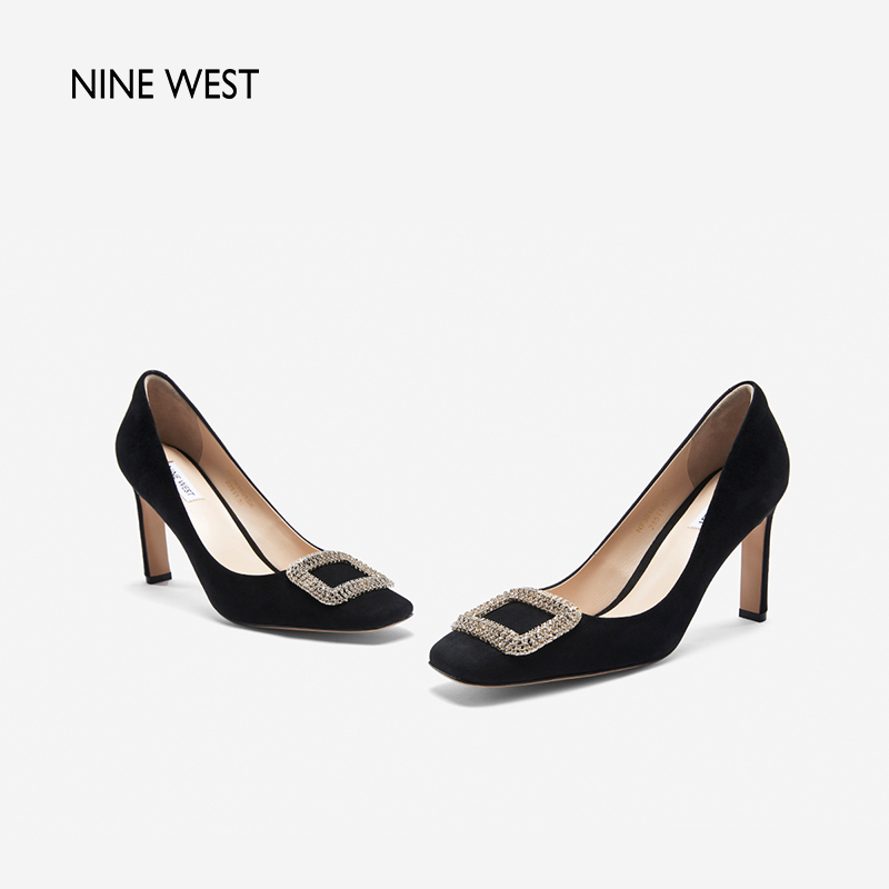 Nine West/玖熙方钻高跟鞋女春夏新款粗跟方头羊反绒优雅气质单鞋 - 图1