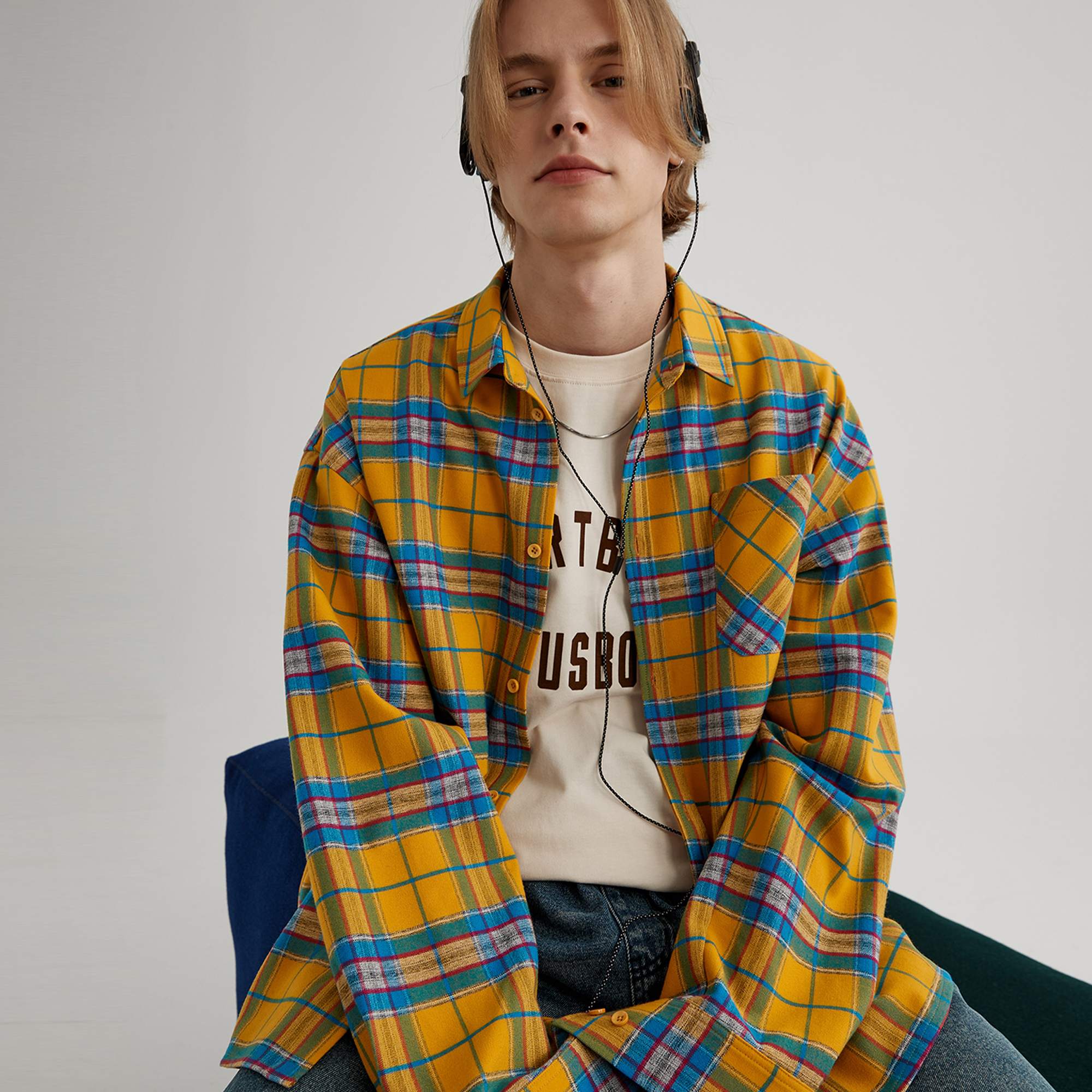 heartboon春季黄色格子长袖衬衫 heartboon衬衫