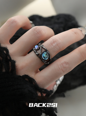 情侣月光石复古月光石黑白戒指