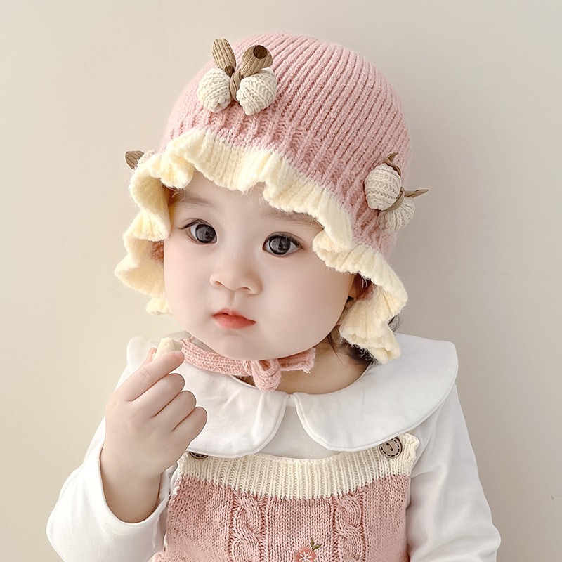 女宝宝公主帽子秋冬季婴幼儿婴儿针织毛线帽护耳冬款外出可爱超萌