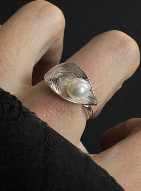 银色树叶珍珠开口戒指女小众设计