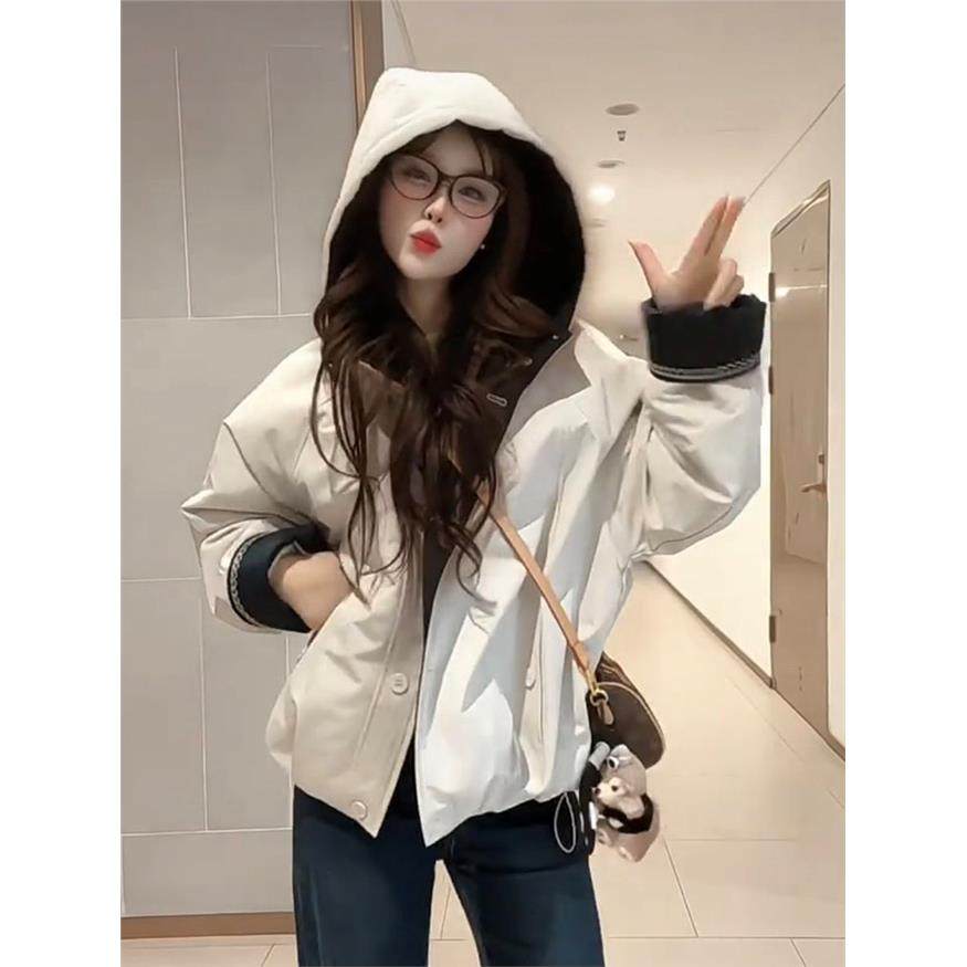 撞色连帽加绒加厚短款棉服外套女装2025秋冬新款宽松时尚休闲棉衣,淘宝优惠券,粉丝福利购,淘宝优惠卷