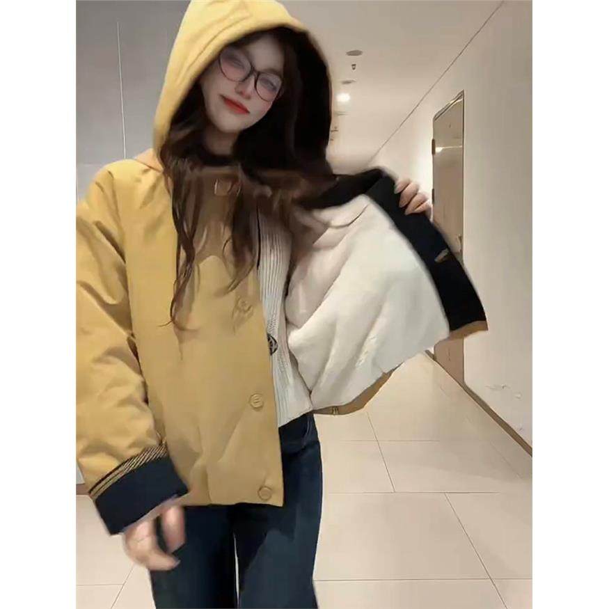 撞色连帽加绒加厚短款棉服外套女装2025秋冬新款宽松时尚休闲棉衣,淘宝优惠券,粉丝福利购,淘宝优惠卷