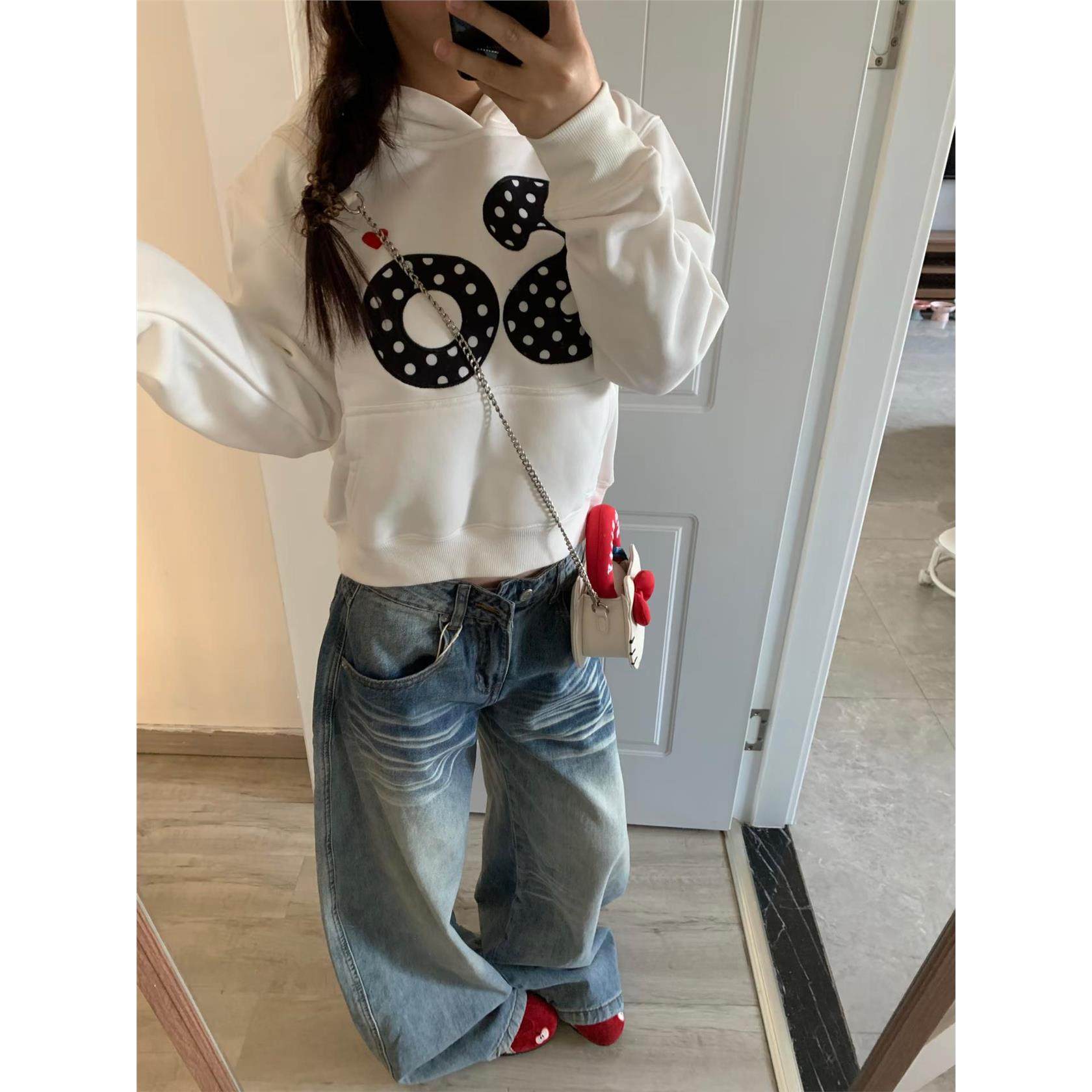 美式重磅连帽加绒短款卫衣女秋冬慵懒风波点字母刺绣贴布百搭上衣,淘宝优惠券,粉丝福利购,淘宝优惠卷