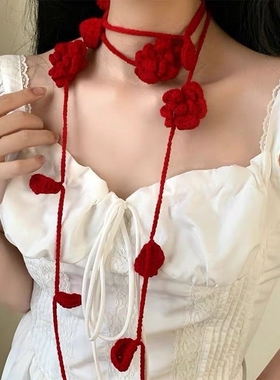 黑色玫瑰纯手工编织棉线立体花朵叶子毛衣链文艺项链围巾围脖丝巾