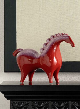 匠十三 新中式红色马陶瓷办公室装饰品摆件客厅玄关酒柜桌面高档