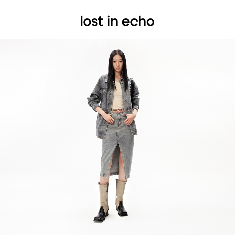 lost in echo设计师品牌显瘦增高翘方头宽筒粗跟拼色牛仔中筒靴女-图0