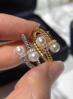 柏诗艾菲S925纯银交错麻花珍珠戒指高级小众设计轻奢简单百搭气质