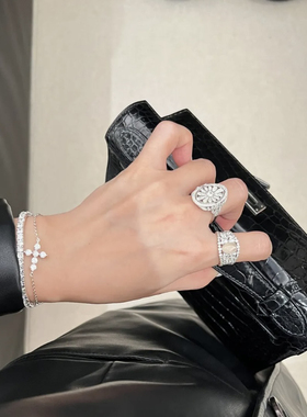 柏诗艾菲925纯银小众设计蕾丝白月光高冰水沫玉玛瑙玉髓中式戒指