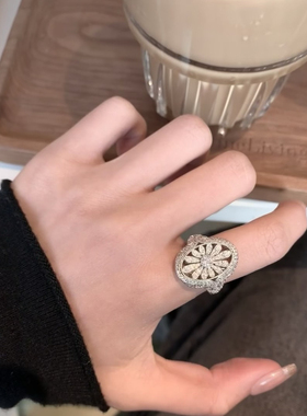 柏诗艾菲925纯银镀金满钻椭圆米字小皱菊复古宫廷戒指女小众高级