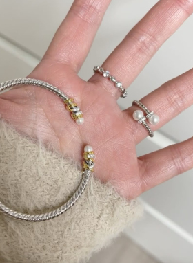 柏诗艾菲925纯银麻花珍珠开口手镯银色气质清冷感简单百搭小众