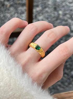 5D硬金黄金戒指女999足金镶嵌宝石指环纯金唐塔食指戒送女友礼物