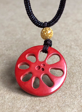 朱砂镂空莲藕片吊坠挂件莲菜项链遇玉玉佩男女送礼锁骨链创意坠子