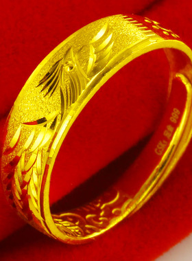 黄金戒指女款凤戒复古素金食指环实心结婚首饰龙凤对戒送老婆