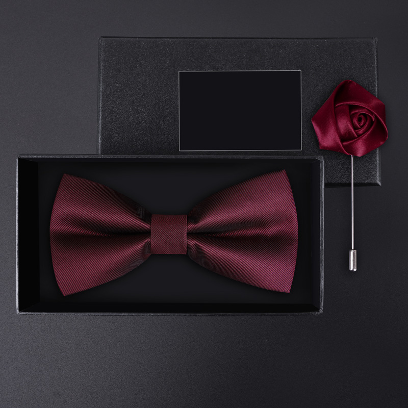 礼盒装男士深酒红细纹领结套装正装结婚婚礼英伦韩版蝴蝶结胸针 - 图2