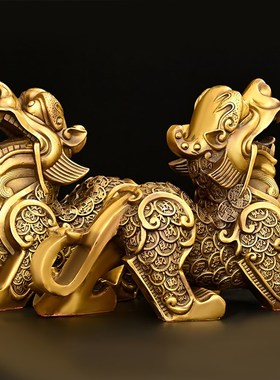 速发黄铜精品金台貔貅一对居钱装饰办公收银家铜器摆件寓意财源滚