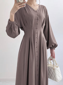 G*L Spring New 2024 Japanese Sweet V-neck Slim High Waist Slim Lantern Sleeve Solid Color Dress