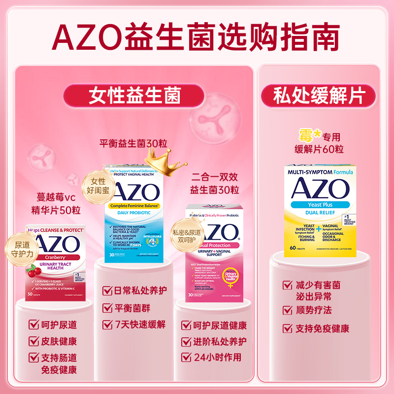 AZO蔓越莓精华片呵护女性私密益生菌私处健康50粒保健品