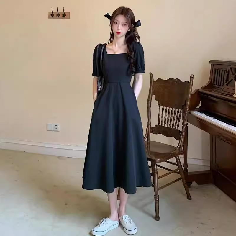 秒杀】A1新款法式纯色碎花长裙子女收腰显瘦度假风沙滩连衣裙_伊美人供应链_女装/女士精品-第4张图片-提都小院
