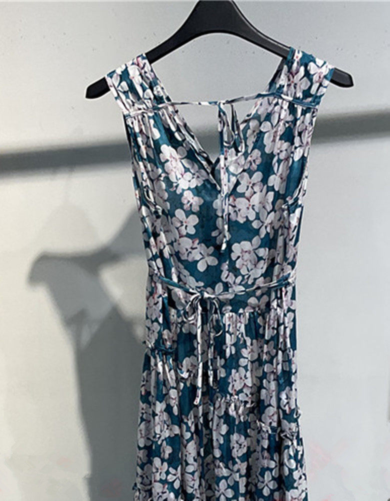 现货艾诺丝专柜正品2021夏季新品10439017印花无袖V领长款连衣裙