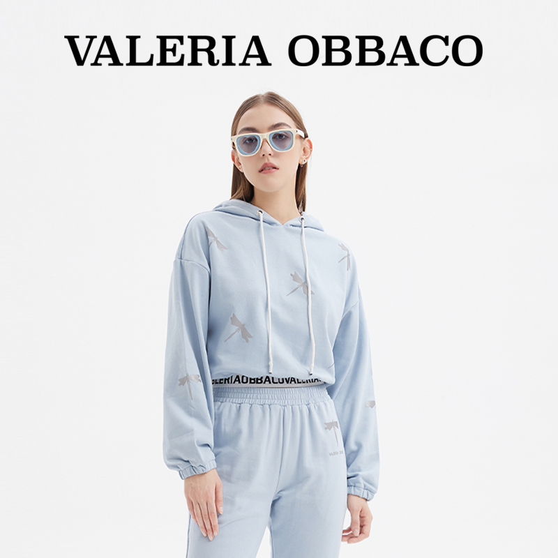 Valeria Obbaco2024春秋蓝色反光蜻蜓带帽卫衣收腰卫裤套装男女款 - 图0