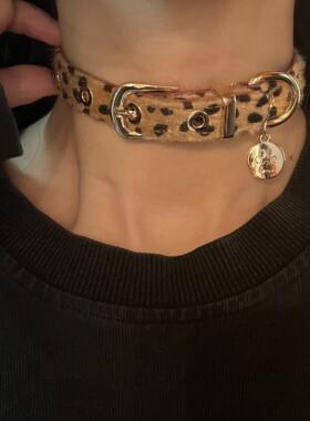 [楼哈哈]Y2K甜酷辣妹小众设计感豹纹马毛choker项圈朋克皮革颈带