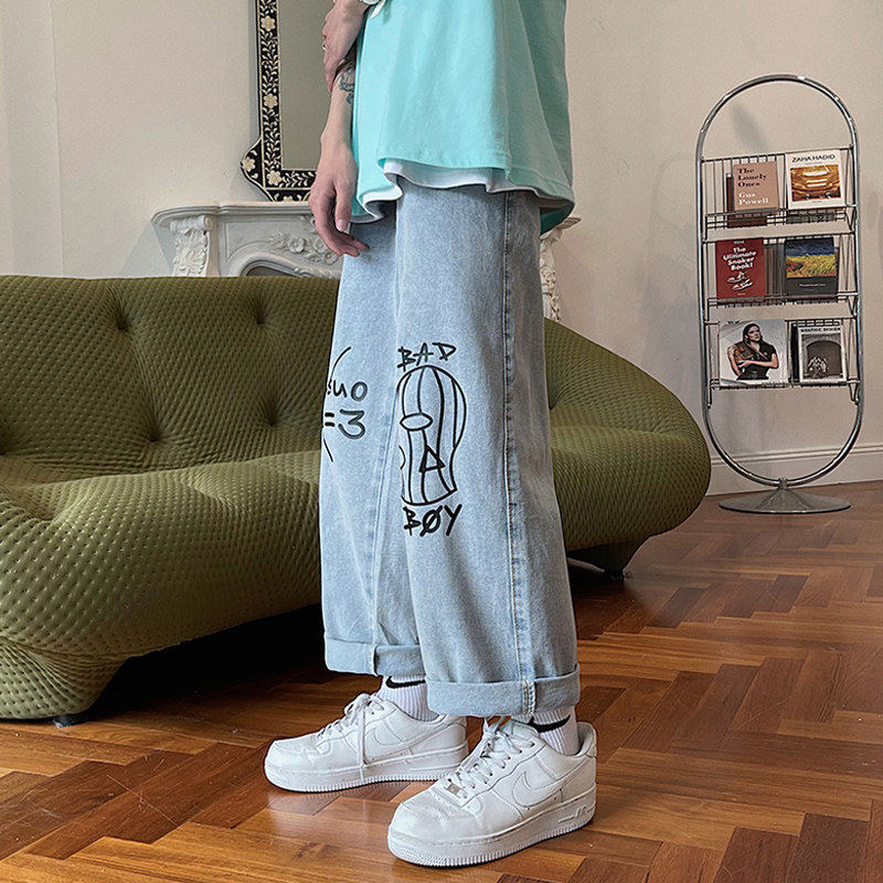 卡通涂鸦男韩版潮流夏季九分牛仔裤 纯饰服饰牛仔裤