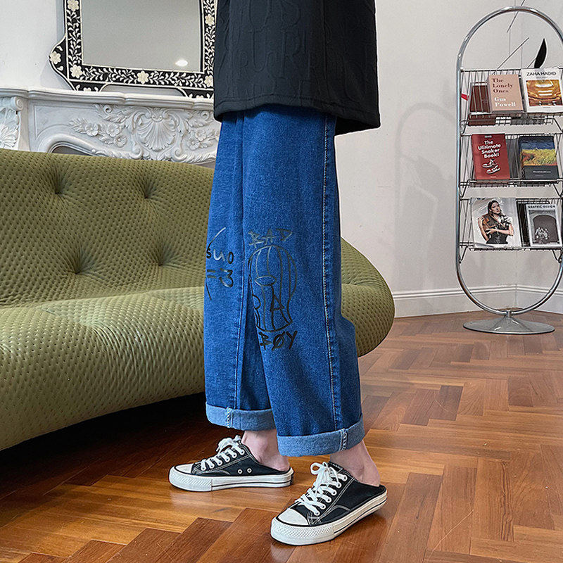 卡通涂鸦男韩版潮流夏季九分牛仔裤 纯饰服饰牛仔裤