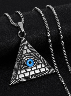 temu新款三角形吊坠潮男复古恶魔之眼项链欧美街头嘻哈风合金配饰